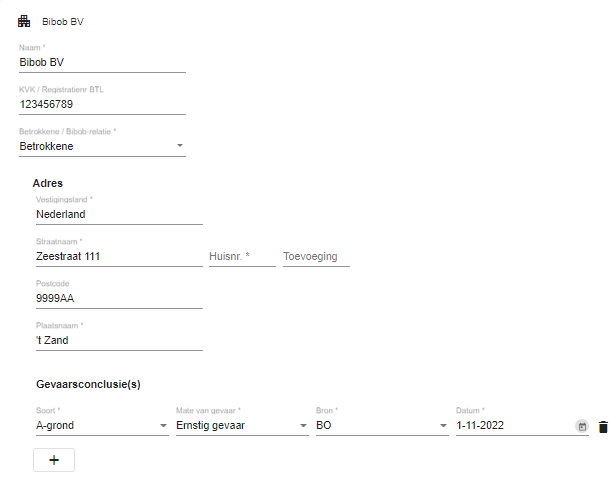 De afbeelding toont het scherm van het Bibob-register met alle invulvelden om een niet-natuurlijk persoon te registreren